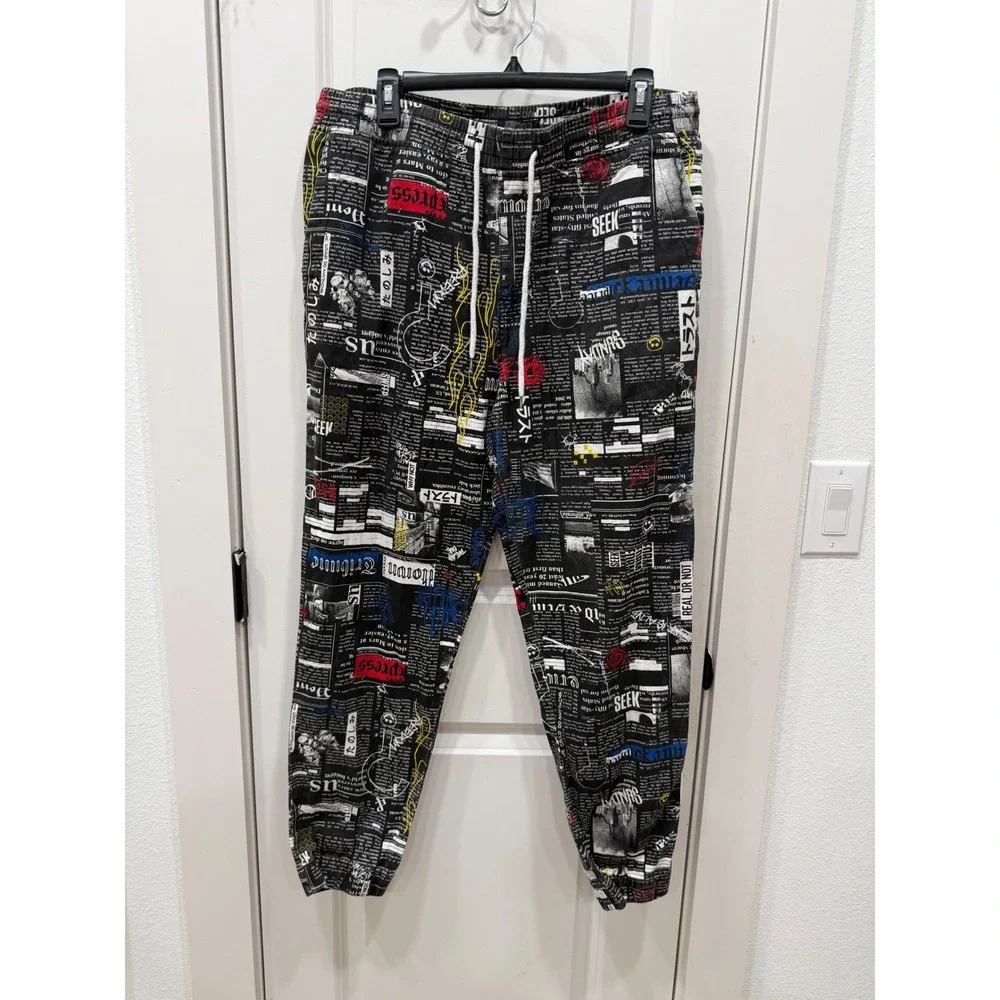 Elwood Mens Newspaper Print Joggers Black Graphic Streetwear Pants XL